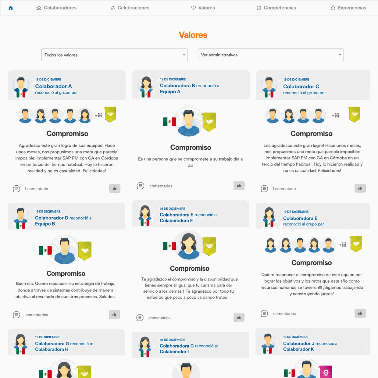 Feed de reconocimientos por valores y competencias en la plataforma de Uakika