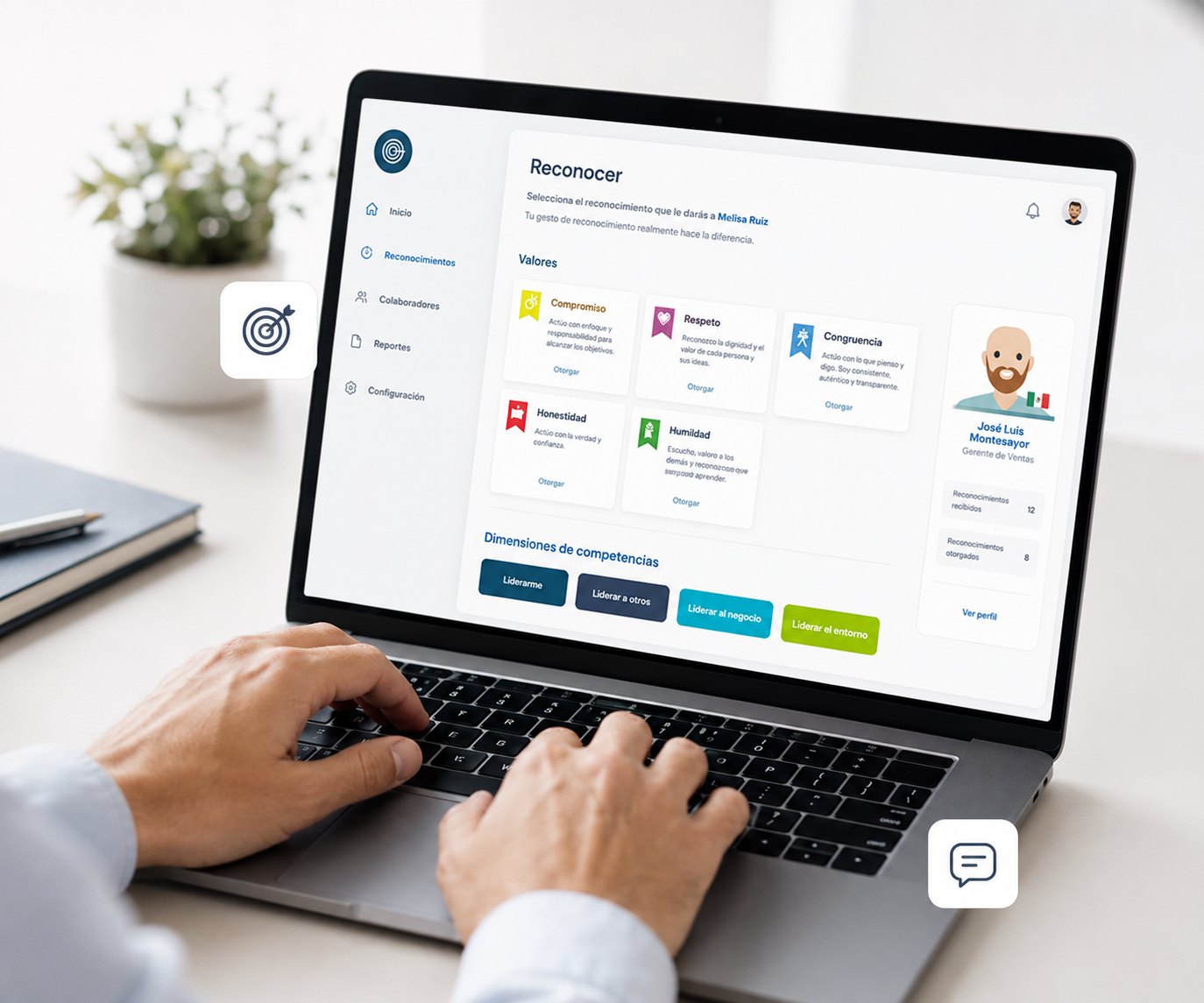 Plataforma de reconocimiento laboral de Uakika: pantalla para reconocer por valores y competencias