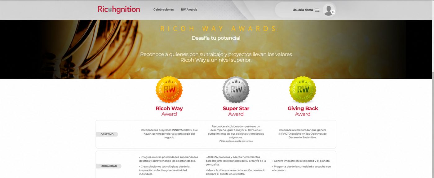 Sección de premios dentro de Ricohgnition, con las tres distinciones de la compañía y el detalle de objetivo y modalidad de cada una.
