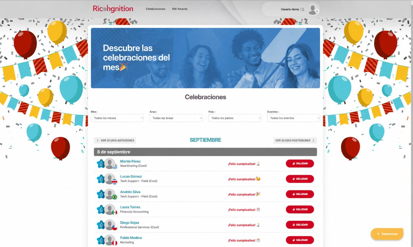Calendario de celebraciones de Ricohgnition, con los cumpleaños del mes filtrables por área, país y tipo de evento y un botón para saludar a cada persona.