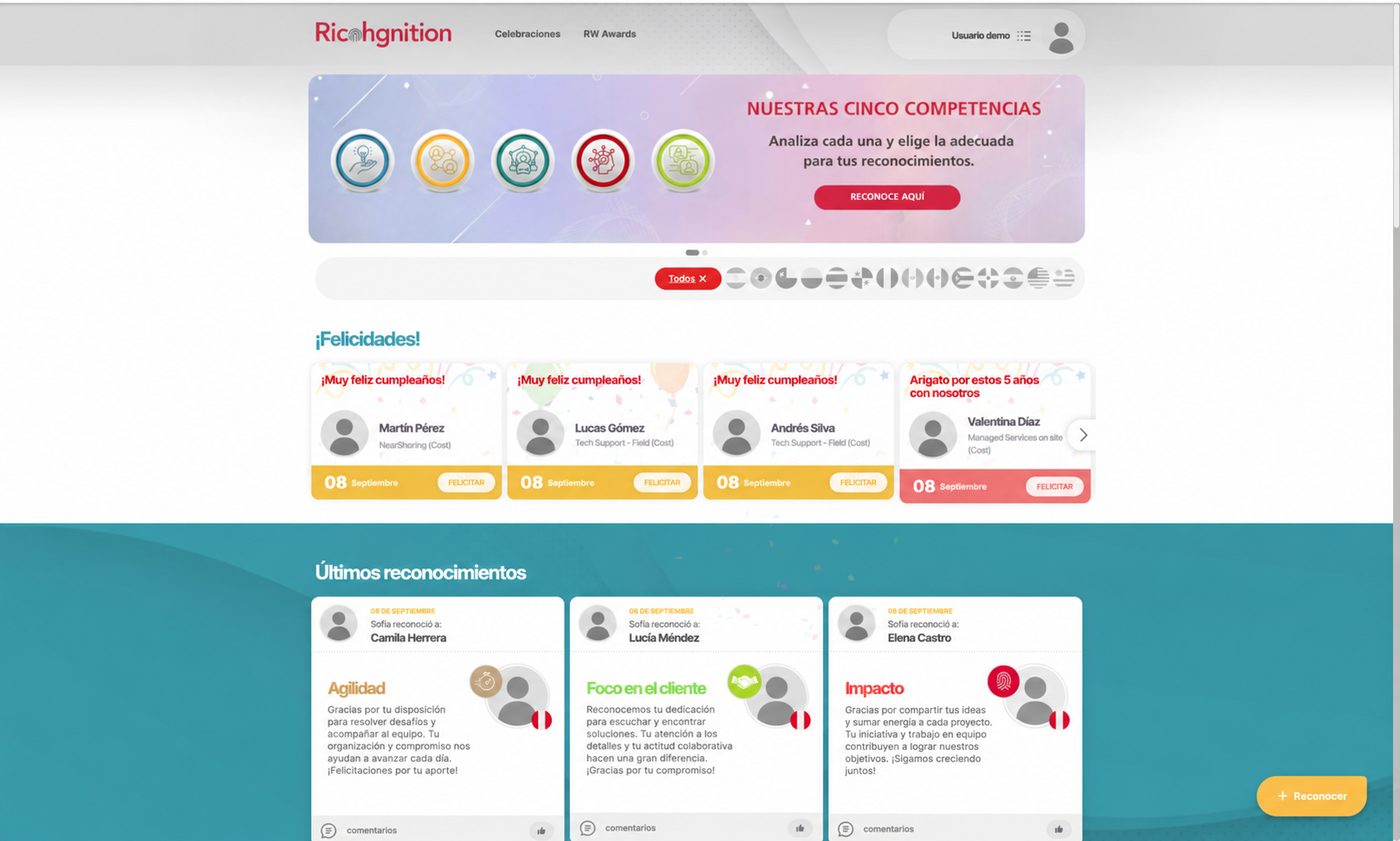 Pantalla principal de Ricohgnition: las cinco competencias arriba, los cumpleaños del día y el muro con los últimos reconocimientos por agilidad, foco en el cliente e impacto.